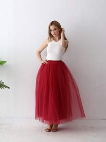 1pc Women High Waist Long Solid Color Tulle Tutu Skirt, 4 Layers Mesh + 1 Layer Lining, Suitable For Cosplay, Festival, Stage Performance, Summer - Multicolor - View 28