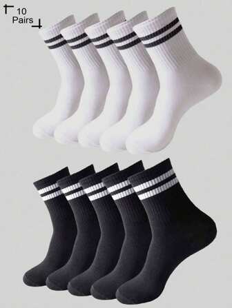 10 pares de calcetines informales de media caña transpirables de color liso y con rayas multicolor para hombre