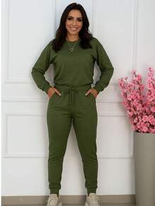 Long Sleeve Cropped Set With Woolen Trousers Winter 2025 - Army Green - View 2