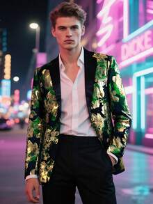 Plus Size Men Floral Jacquard Blazer Suit Jacket For Party & Wedding - Green - View 7