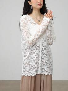 Solid Lace Sheer Cutout Long Sleeve Blouse, Sweet & Top - White - View 6