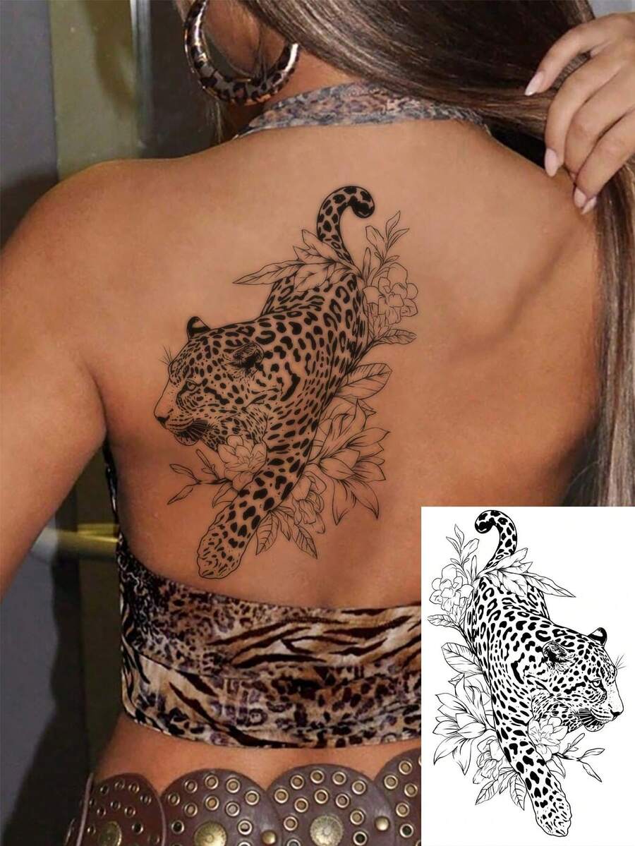 1 tờ hình xăm tạm thời có thể giặt được, họa tiết động vật báo gêpa lớn, phù hợp cho người theo dõi - màu đen - Xem 1