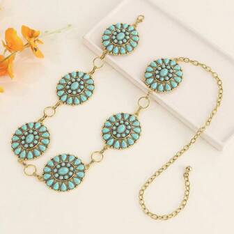 Vintage Jade Inlaid Metal Alloy Chain Belt, Luxury Chinese Style Dress Waist Chain