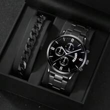 2pcs Men's Watch Stainless Steel Fashion Casual Three Eye Roman Scale Dial Date Quartz Watch With Jewelry Accessories Hip Hop Bracelet Set Party Gift Beach Vacation Valentine Gift