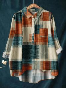 Plus Size Women's Geometric Patchwork Artprint Semi-Linen Breathable Blouse, Random Floral Placements - Multicolor - View 1