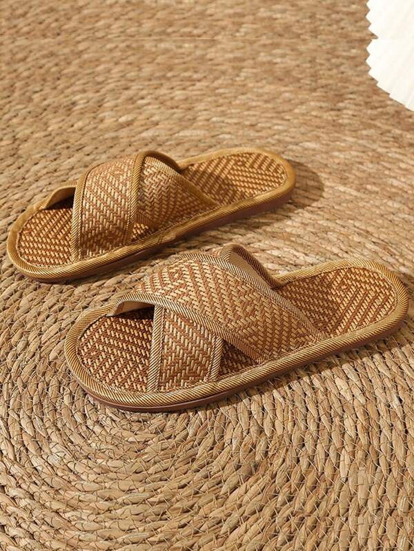 Natural Color Bamboo Rattan Men's Breathable Slippers, Woven Moisture Wicking Sandals For Indoor/Outdoor Wear, Spring/Summer