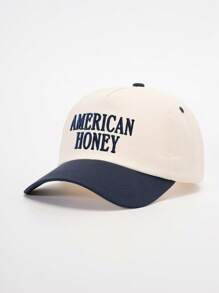 1pc Embroidered "American Honey" Color Block Baseball Cap, Adjustable Sun Protection Casual Hat, Suitable For Spring & Autumn Travel, Beach, Men Y2K Style Cap