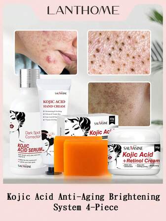 Kojic Acid Anti-Aging Brightening System 4-Piece Facial Care Set With Cleansing Saop+ Cream + Serum + Hand Therapy - Clinical Dark Spot Corrector For Face/Neck/Hands, Triple Action With Glutathione & Hyaluronic Acid, Vegan & Non-Comedogenic