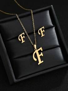 1 Set A-Z Stainless Steel Initial Necklace And Stud Earrings Jewelry Sets Alphabet Letter Pendant Chain Accessories Gifts