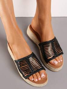 Women's Bohemian Style Hollow-Out Design Thick Sole Casual Slide Sandals - Black - View 3
