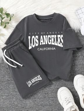 Zweiteiler für Tween Jungen mit Cartoon Buchstaben Grafik Muster, Rundhals Kurzarm T-Shirt & Shorts