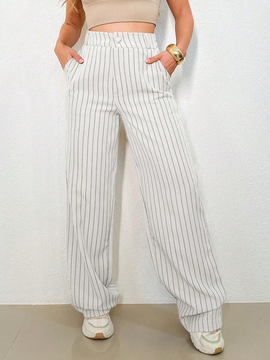 MODA MO, REF: H932. Striped Women's Pants, High Waist, Wide Leg, Light, Casual, Formal, Stylish, Elegant. - 白色 - 查看 1