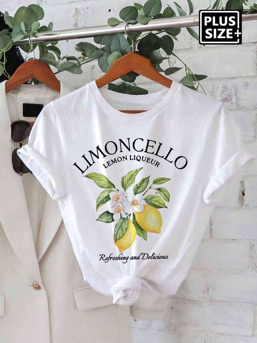 Plus Size Women's Summer Letter Fruit Printed Round Neck Short Sleeve Casual T-Shirt LIMONCELLO LEMON LIQUEUR Refreshing And Delicious Graphic Tees Women Tops - White - View 1