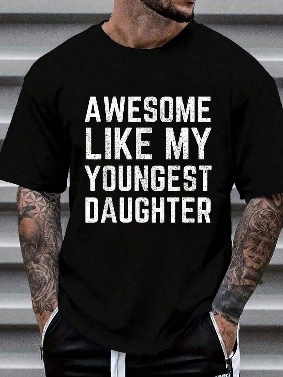 100% Cotton Awesome Like My Youngest Daughter Funny Vintage Father's Day T-Shirt Women's Men's Graphic Tee Causal Tops Fashion - 黑色 - 查看 1