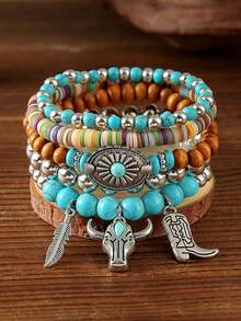5pcs/11pcs Boho Western Turquoise Beaded Bracelet Set Cowboy Charm Stack With Feather & Boot Pendants For Women And Men Perfect Gift For Party Wear - Bull Head Imitation Turquoise Bracelet Set - View 11