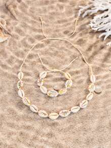 2 pièces/set Style de vacances balnéaire bohème, collier et bracelet set coquillage, coquillages dorés et roses faits main noués, convient pour les vacances ou les fêtes
