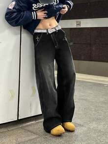 男士复古高街十字绣宽松直筒牛仔裤，Emo 风格，垃圾摇滚风