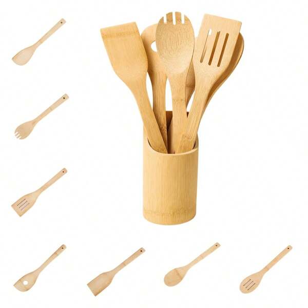 8pcs Bamboo Cooking Utensil Set, Non-Stick Pan Spatula, Soup Ladle, Frying Spatula, Salad Slotted Spoon, Healthy No Coating, Essential Kitchen Tools