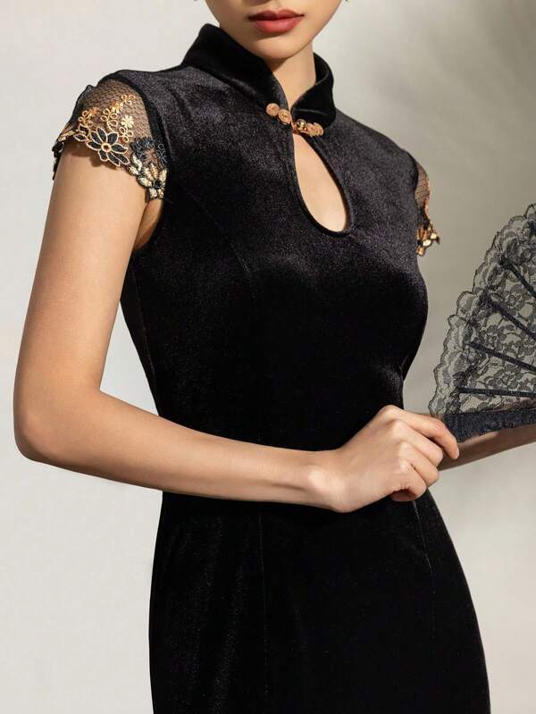 Exquisite Women's New Chinese Style Cheongsam With Mandarin Collar, Short Sleeves & Elegant Fish-Tail Hem - Formal Evenings, Black-Tie Galas, Wedding Receptions, Luxury Banquets, Red Carpet Events