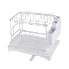 2 Tiers Dish Drying Rack Plate Bowl Cup Utensil Drainer Tray Cutting Board Pot Lid Holder Cutlery Storage Basket Kitchen Sink Countertop Organizer Adjustable Drain Pipe
