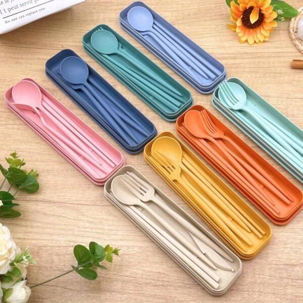 4pcs Wheat Straw Portable Cutlery Set, Including Chopsticks, Knife, Fork And Spoon, Suitable For Lunch Box Accessories, Everyday Or Outdoor Camping Dining,School Supplies