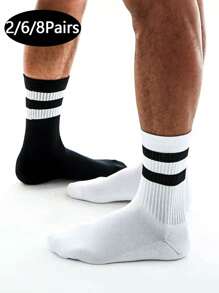 1/2/6/8 pares de Calcetines deportivos para hombre con dos rayas, negros y blancos. Calcetines altos de tubo medianos, también adecuados para mujeres
