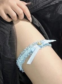 1pc Elegant Lace Elastic Garter, Rhinestone Bow & Faux Pearl Decor Thigh Chain, Bridal Leg Garter, Blue Wedding Accessory
