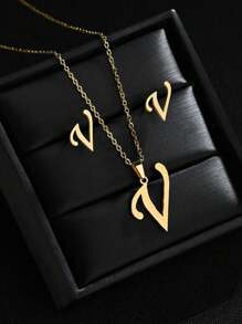 1 Set A-Z Stainless Steel Initial Necklace And Stud Earrings Jewelry Sets Alphabet Letter Pendant Chain Accessories Gifts