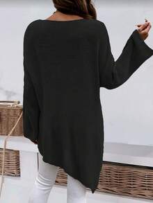 Plus Size Solid Color Round Neck Casual Loose Side Slit Asymmetrical Hem Knit Pullover Sweater Black Spring - Black - View 3