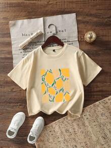 Tween Girls Lemon Print Round Neck T-Shirt, Summer Top - Apricot - View 1