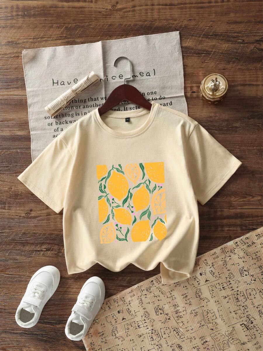 Tween Girls Lemon Print Round Neck T-Shirt, Summer Top - Apricot - View 1