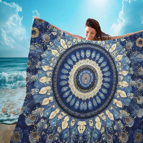 1 Stück Boho-Mandala Stranddecke - sandbeständig, leicht, strapazierfähig, geeignet für Reisen, Camping, Picknick - buntes blaues und gelbes Muster, extragroße Erwachsenengröße, perfekt für Strandurlaub und Outdoor-Aktivitäten, Strandtuch Strandutensilien