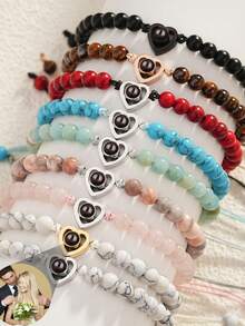 1pc Customized Natural Stone Projection Bracelet, 6mm Tiger Eye Stone Bracelet, Customized Round/Heart Shaped Photo Projection Bracelet, Adjustable Natural Stone Couple Bracelet, Personalized Family Photo, Gift For Parents, Girlfriend, Christmas, Thanksgiving Photo Bracelet - Love Bracelet 2 - View 4
