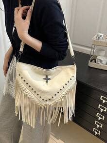 Borsa a tracolla in pelle vintage di moda, stile boho, borsa a spalla con nappa e rivetti a forma quadrata, borsa a tracolla casual per viaggi e tutti i giorni, valigetta portatile da lavoro, borsa a tracolla piccola con frange