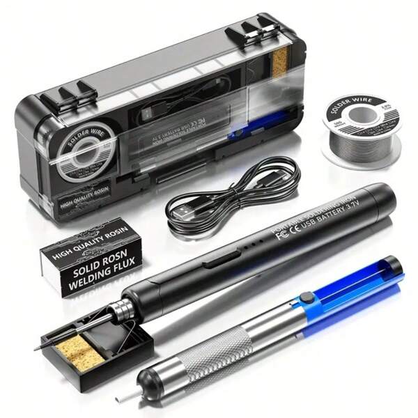Juego de soldador inalámbrico, 12 en 1 con temperatura ajustable, recargable por USB, incluye soldador, soporte, alambre, resina, absorbente de estaño y caja de almacenamiento