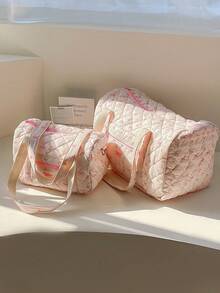 1Pc Pink Floral And Strip Pattern Duffel Bag With Large Capacity, Lightweight Travel Bag With Cute Prints - Perfect For Overnight Trips, Sports And Everyday Use.Travel Luggage Bag Women Gym Bag With Wet Bag Women Carry On Weekender Bag Gym Bag For Going Out, Short Trip, Fitness, Sports, Traveling Travel Accessories Travel Outfit Airport Travel Stuff Clothes Luggage Bag Christmas Gift Ideas - 粉色 - 查看 2
