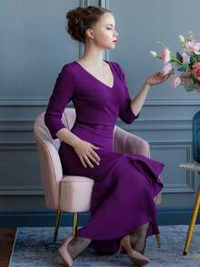 MIUSOL 纯色V领3/4袖不对称荷叶边美人鱼下摆晚会长裙