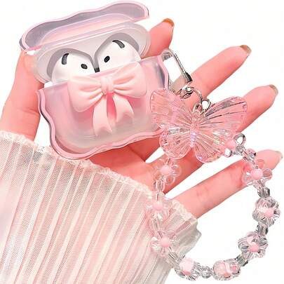 1pc [Light Pink] Apple Earphones 1/2/4/Pro/Pro2 Universal Transparent Protective Case | 3D Bowknot Flower Keychain + Soft Silicone Anti-Fall Anti-Scratch Pouch (Girls Best Friend Gift, Fashionable Phone Accessory)