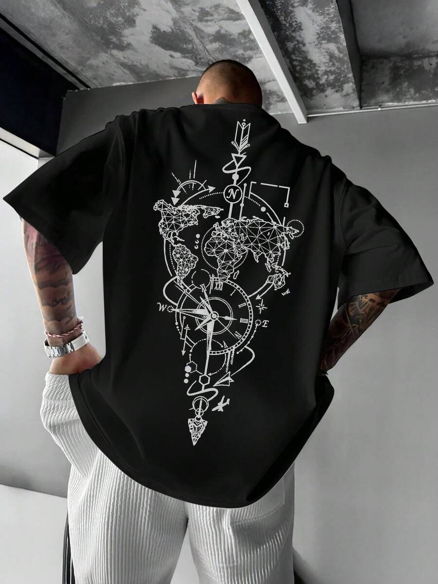 Men Plus Size Nautical Map Print Round Neck Short Sleeve T-Shirt, Summer, Emo - Black - View 1