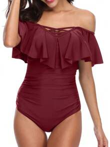 Trajes de baño de hombro para mujer Holipick, trajes de baño con control de abdomen, trajes de baño vintage con volantes - Negro - Ver 10