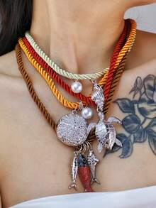4pcs/Set, 3pcs, 2pcs, 1pc Bohemian Style Ocean Conch, Faux Pearl, Turtle, Fish, Shell, Sun, Crab, Small Fish, Plant Pendant Necklace, Leather Cord Necklace Pendant, Simple & Fashionable Beach Holiday Accessories - Multicolor - View 2