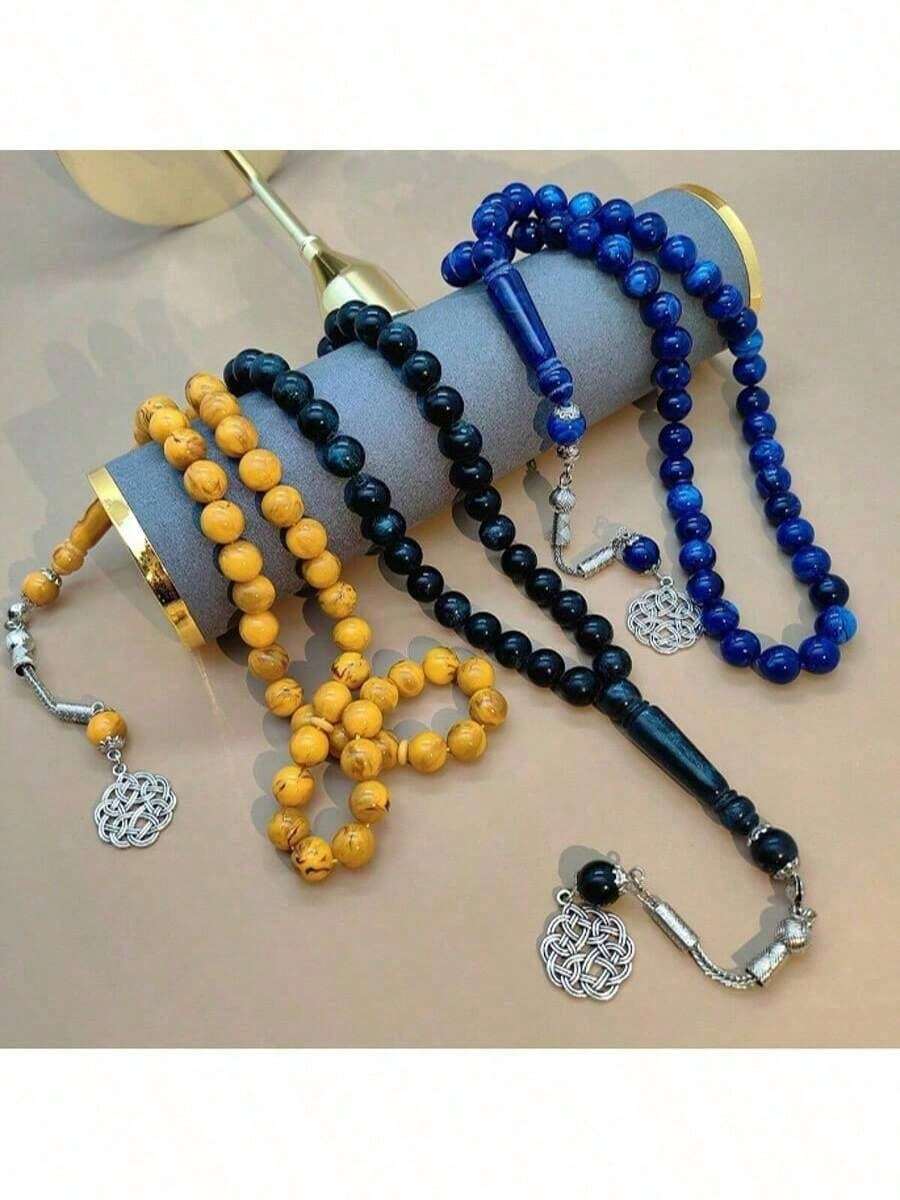 Pulseira estilo Tasbih azul escuro de imitação de âmbar de alta qualidade para mulheres, 1 peça e 45 peças