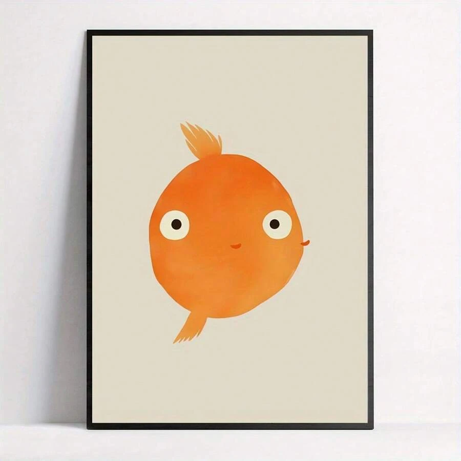 Goldfish Cartoon Art Print Poster - Frameless Canvas Wall Decor, Modern Retro Style, Suitable For Home, Office, Bathroom, Living Room, Bedroom - Indoor Animal Fish Theme Illustration Wall Hanging Decor - Canvas Ink Painting, Portrait - Spring/Winter Art Print - Multicolor - View 1
