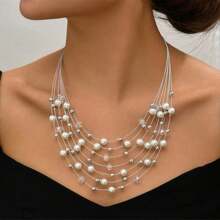 1 pieza Collar de perlas falsas multicapa, collar de cuentas hecho a mano estilo bohemio, adecuado para uso diario de mujer, accesorio de ropa, regalo (arreglo de cuentas de colores aleatorios)