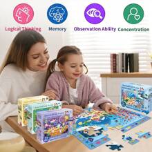 Giocattolo puzzle cognitivo 4 in 1 di ricerca e scoperta per bambini, 4 puzzle da 60 pezzi in una scatola tematici di spazio, oceano, foresta e parco divertimenti, ottimi regali per compleanni, vacanze, Natale