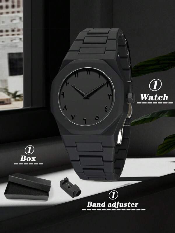1 pieza Nuevo reloj de hombre de llegada con estilo negro, esfera con números arábigos, caja poligonal, movimiento de cuarzo, reloj de negocios casual de moda, adecuado para uso diario, incluye caja de regalo negra y herramienta de ajuste, gran idea de regalo
