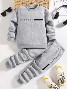 Tween Boy Letter Print Warm Crew Neck Sweatshirt And Pants Set