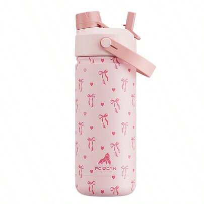 Botella de agua térmica de 545 ml con popote y boquilla 2 en 1, mantiene el frío 24 h, a prueba de fugas, cabe en el portavasos del coche, botella de acero inoxidable para deportes, viajes y la escuela (lazo de corazón)
