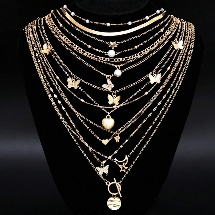 Conjunto de collares apilables simples para mujer, collares con colgante de mariposa, corazón, estrella, perla y Luna, joyería Bohemia, regalos 2025 U3GJ - 6340402HB - Ver 1