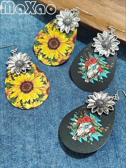 Women's Retro Boho Style Sunflower Earrings, Made With Spray-Painted Craft, Suitable For Everyday Wear Or Holiday
